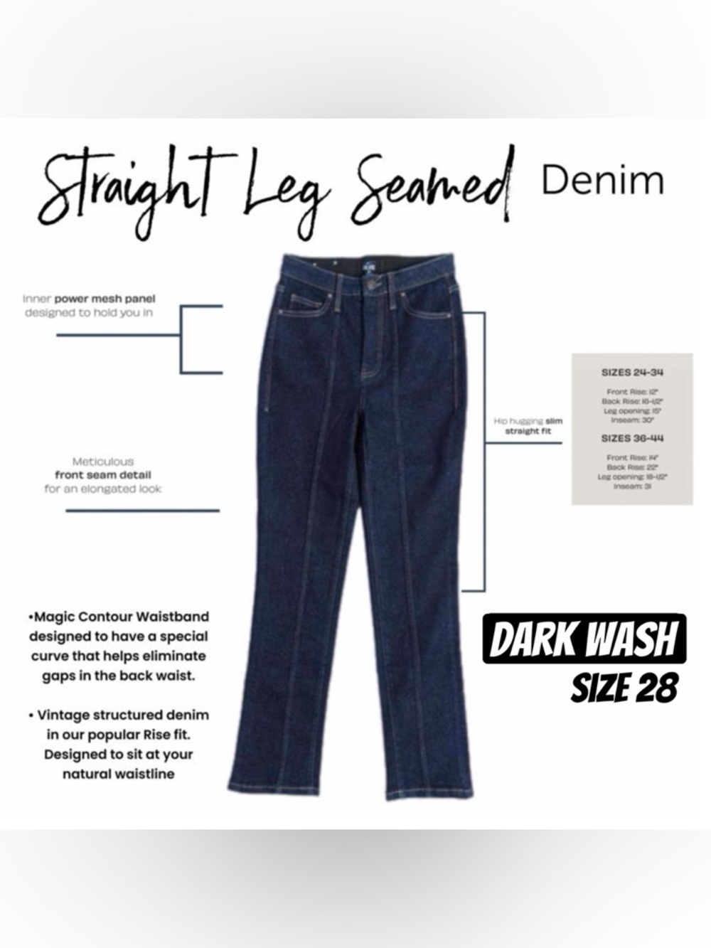 NWT High Rise DARK WASH JEANS, SEAMED, Stretch, LuLaRoe, Size 28